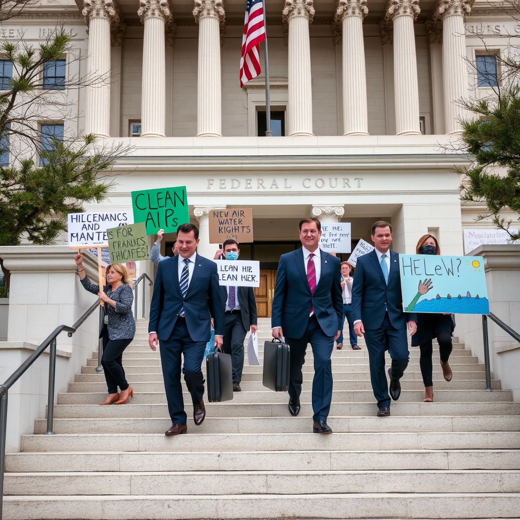 Federal courthouse with environmental protesters holding signs demanding clean air and water rights, lawyers in suits walking up courthouse steps with briefcases, American flag visible in background