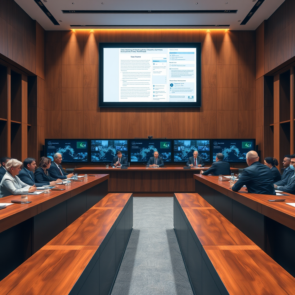 Modern international arbitration courtroom with lawyers from different countries seated at polished wooden tables, digital screens displaying trade documents, and arbitrators in formal robes presiding over a complex commercial dispute resolution session