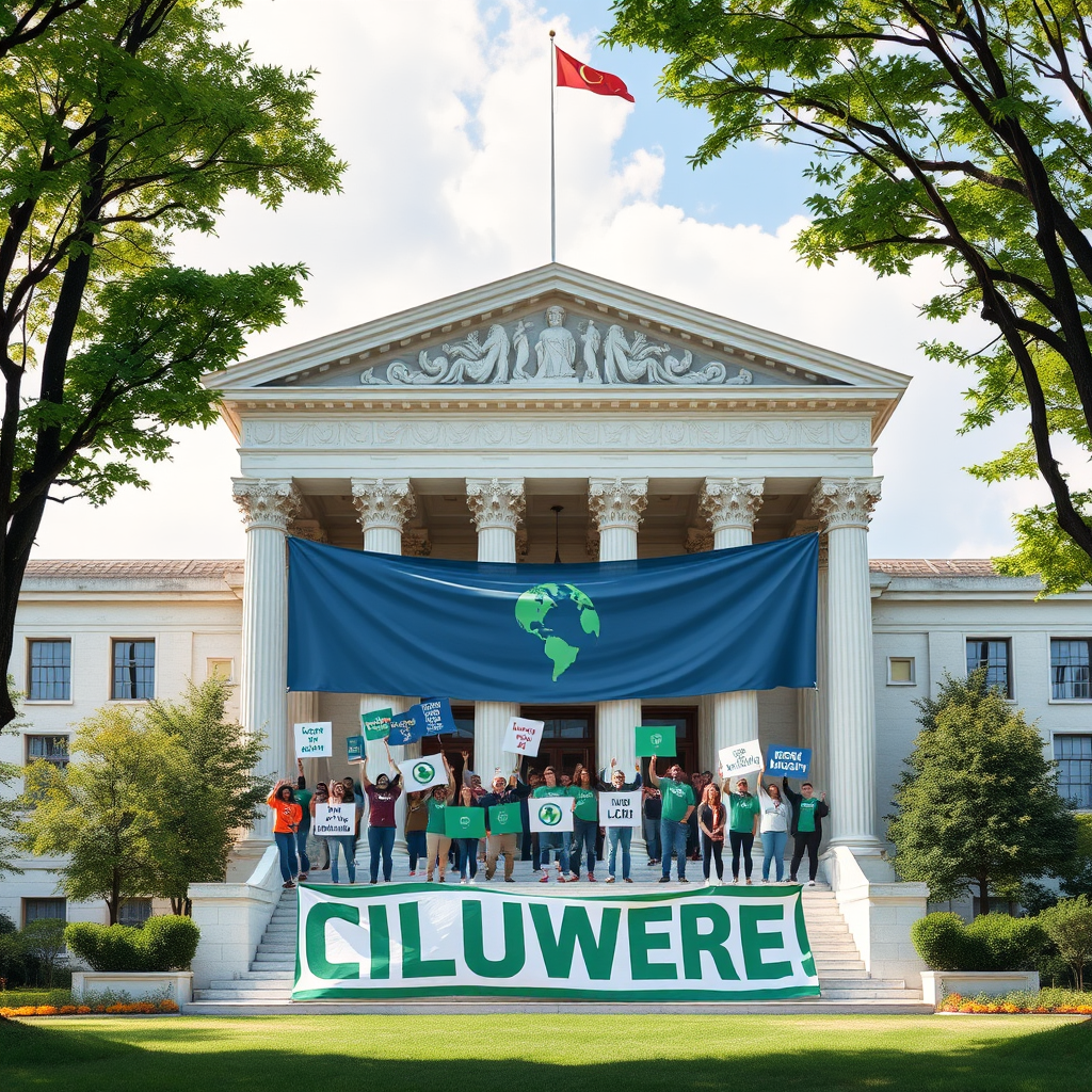 Federal courthouse with environmental activists holding banners, surrounded by green trees and clean air symbols representing environmental law victory