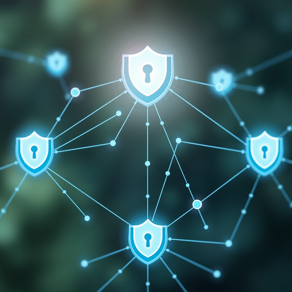 Abstract representation of digital privacy showing interconnected network nodes with security shields, symbolizing protected digital communications and data