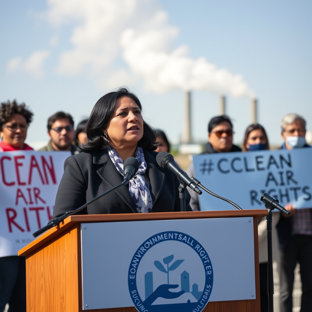 Environmental lawyer Maria Rodriguez speaking at podium with microphones, community activists standing behind her holding banners about clean air rights, industrial smokestacks visible in distant background