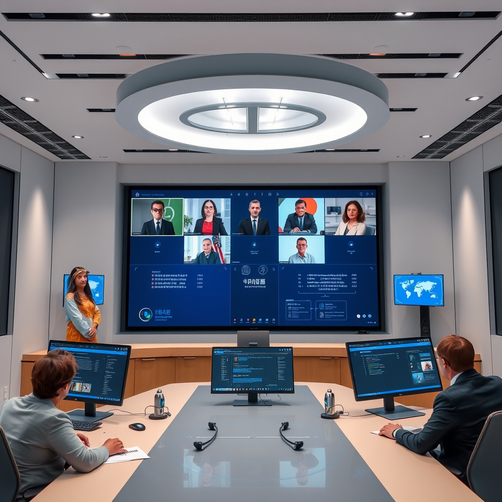 Modern digital arbitration platform showing virtual hearing room with multiple participants connected via video conference, document sharing capabilities, real-time translation services, and AI-assisted case management tools displayed on computer screens