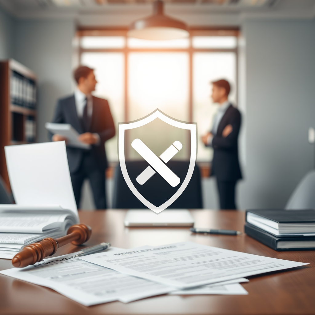 Professional office setting with legal documents and a shield symbol representing whistleblower protection, with lawyers consulting in the background