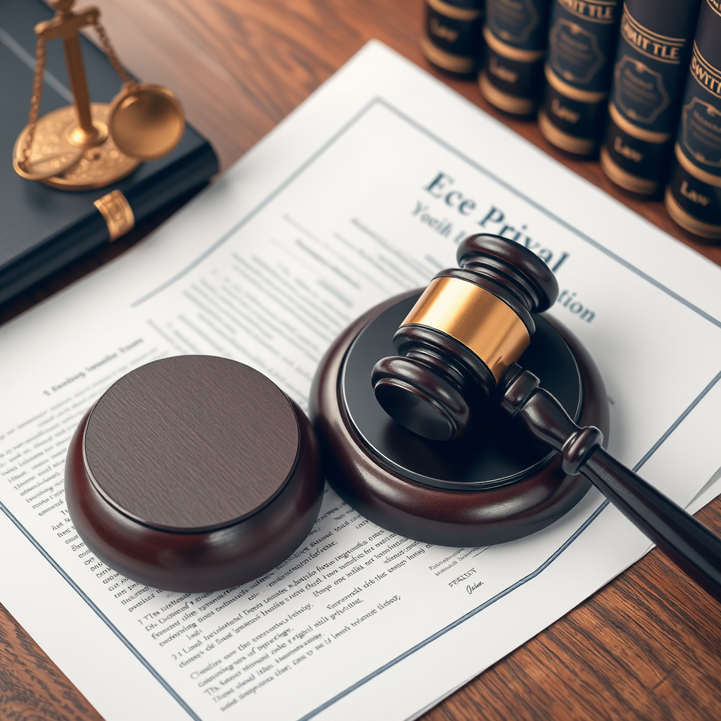 Professional legal setting showing legal documents, a judge's gavel, and law books, representing the formal legal framework that governs digital privacy rights