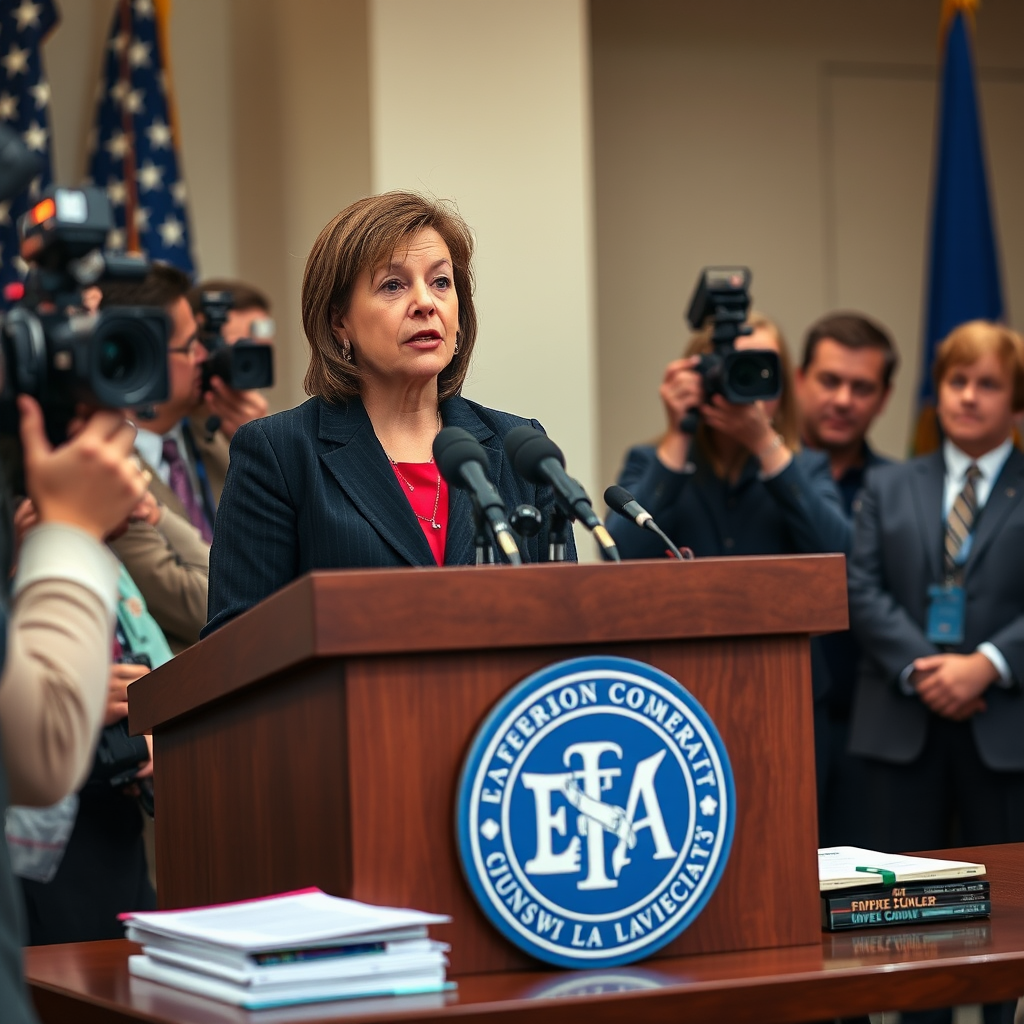 EPA administrator Jennifer Walsh at press conference podium with EPA logo, speaking to reporters with cameras and microphones, environmental law books and documents visible on table beside podium