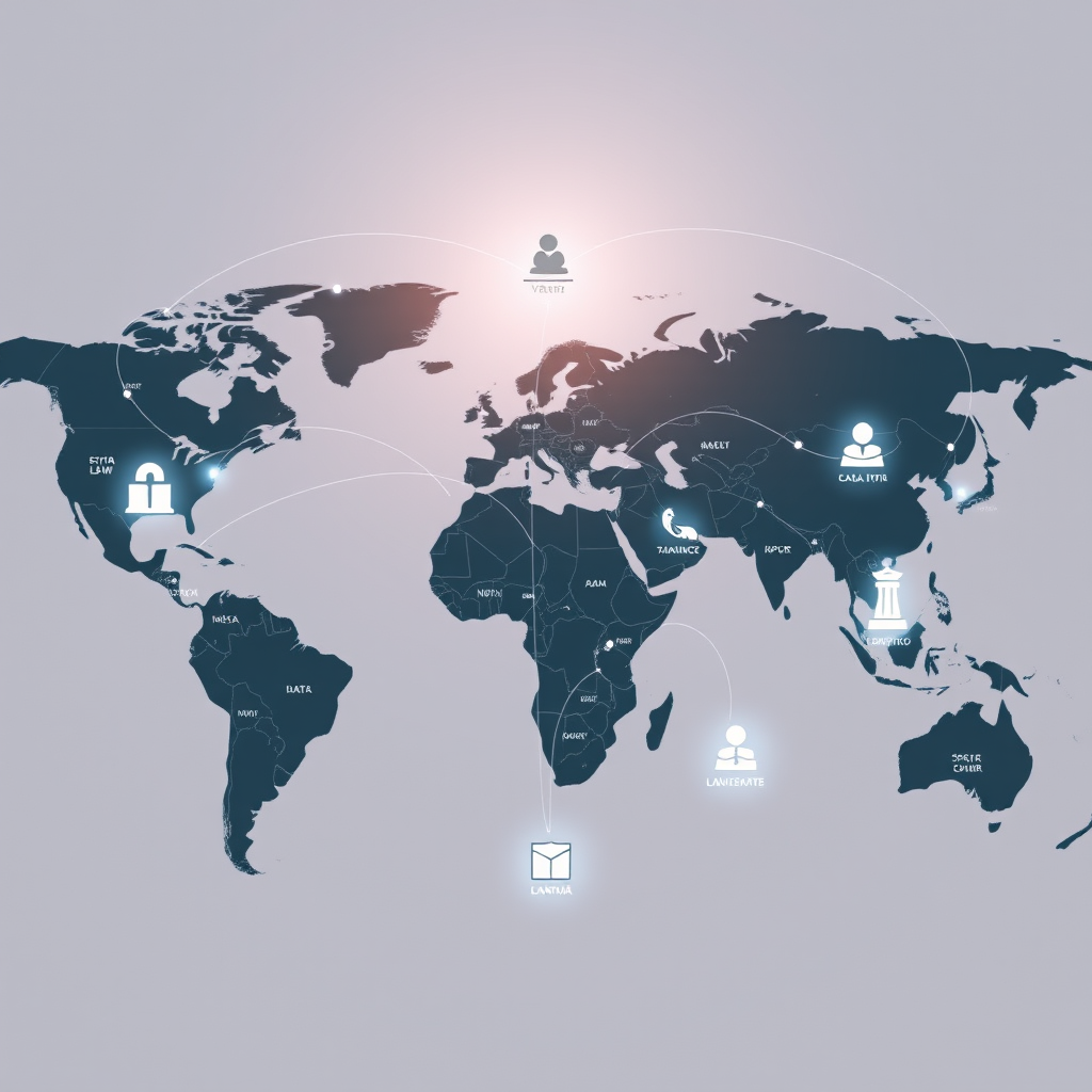 World map showing interconnected law firms collaborating on international cases through digital platforms, with data streams and communication links connecting major legal centers across continents, representing the new era of global legal practice