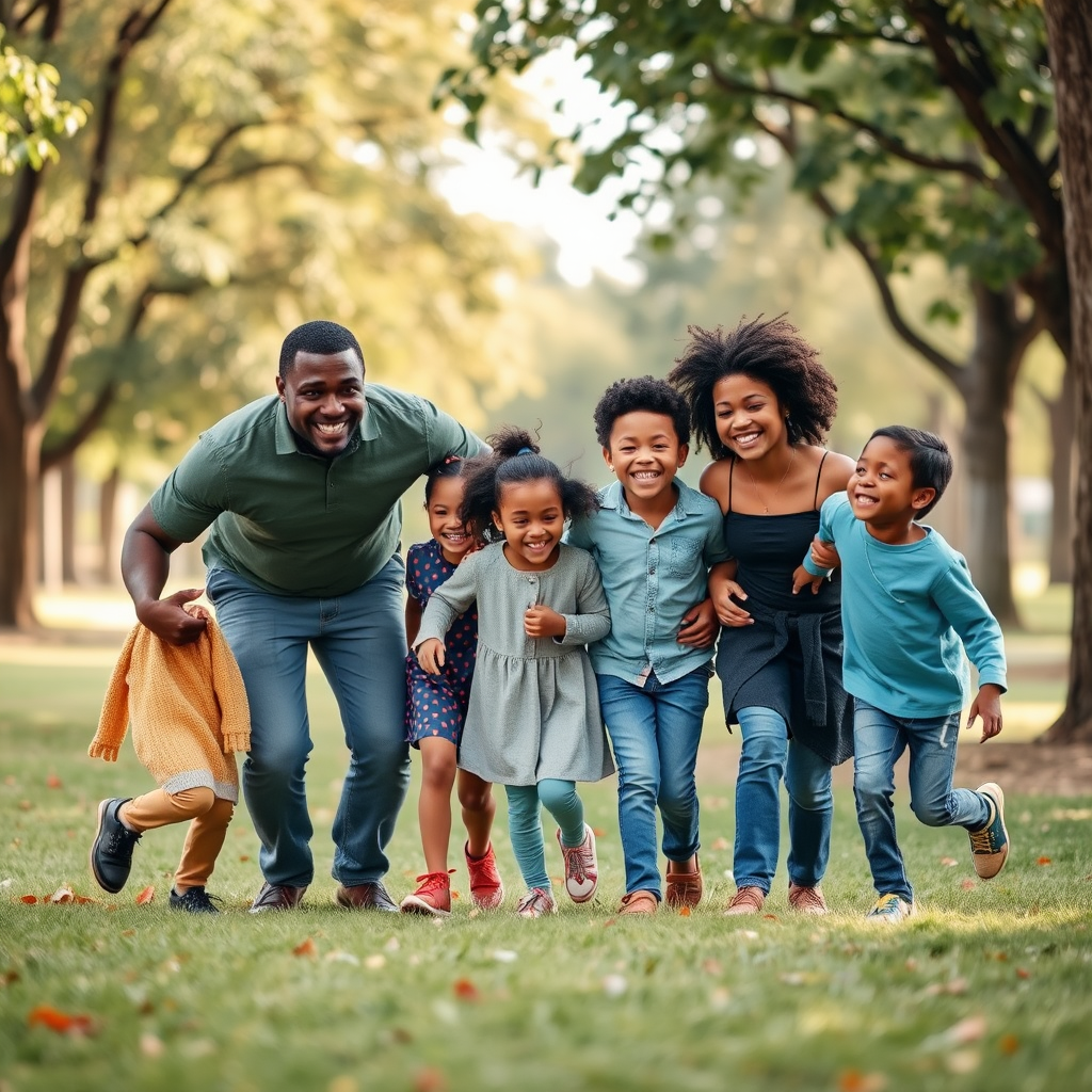 Diverse family with children playing together in park setting, representing positive outcomes of reformed custody guidelines that prioritize children's wellbeing and shared parenting