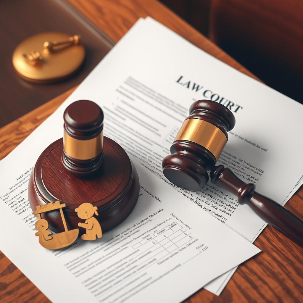 Family court setting with legal documents about custody guidelines, a gavel, and family-related legal symbols representing child welfare and family law reform